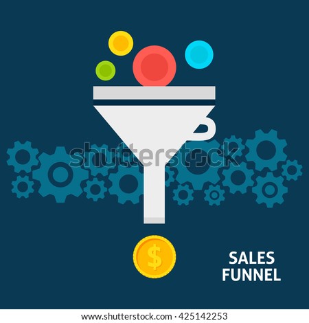 Sales Funnel Flat Style Concept. Vector Illustration of Data Filter. Business Conversion into Money. 