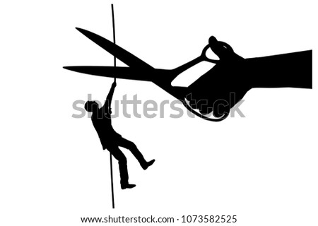 Silhouette vector of a businessman climbs on a tightrope and a hand with scissors intends to cut a rope. Concept of risks in business