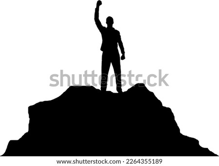 Silhouette of a happy climber at the top of the mountain with his hand raised. Business concept of success and victory. Vector Silhouette