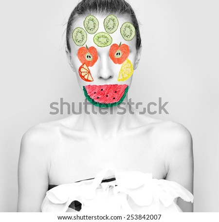 Fruit party concept. Woman with fruits. Summer creative woman
