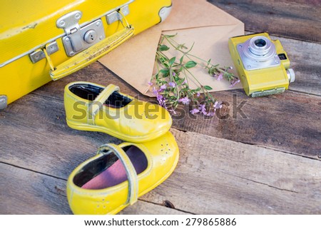 Romantic background with vintage things: camera, suitcase, old baby shoes, envelop with wild flowers over grunge brown background