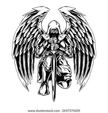 Vector illustration of a knight angel with wings kneeling holding sword