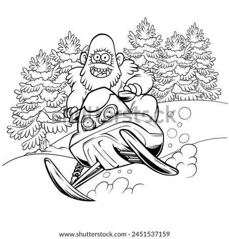 Coloring page illustration of Yeti ride Snowmobile