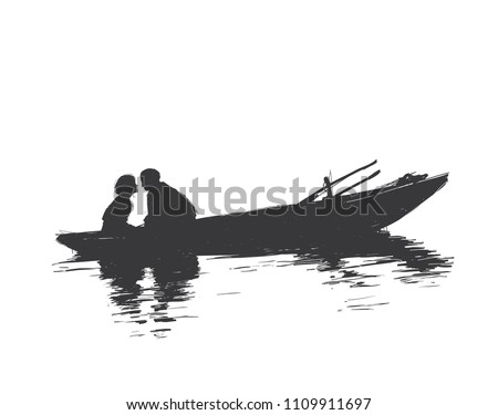 woman and a man are sitting opposite each other in a boat. Sketch