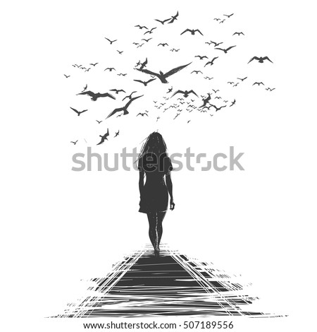 A lone woman walks away, the birds circling over her head