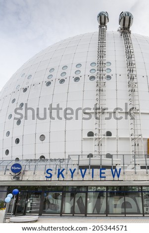 STOCKHOLM, SWEDEN - JUNE 28, 2014: SkyView elevators take you to the top of the world\'s largest spherical building, the Ericsson Globe.