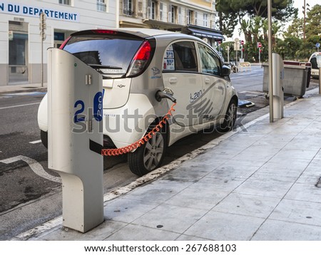 NICE, FRANCE - APRIL 4, 2015: Electric car charging in Nice, France.