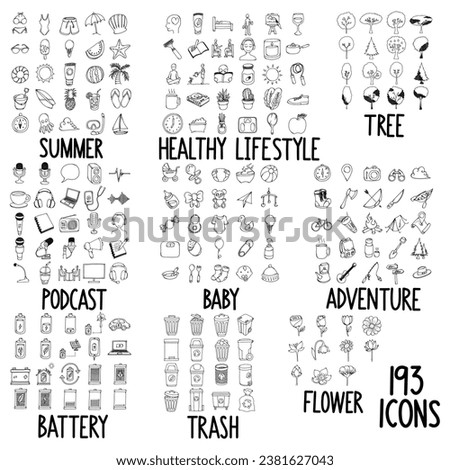 Set of doodles vector icon Summer, Healthy Lifestyle, Tree, Podcast, Baby, Adventure, Battery, Trash, Flower.