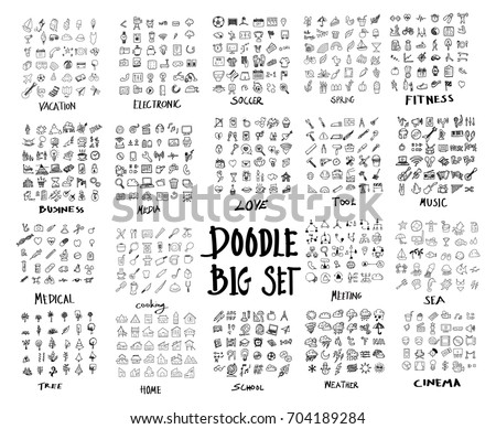 MEGA set of doodles vector. Super collection of travel, electronic ,soccer, spring, fitness, business, media, love, tool, music, media, cooking, meeting, sea, tree, home, school, weather, cinema