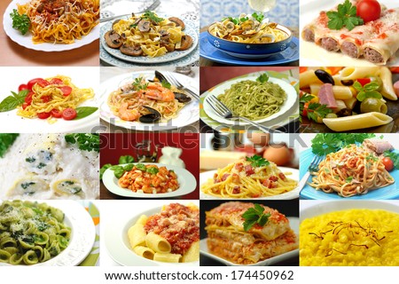 different italian pasta collage
