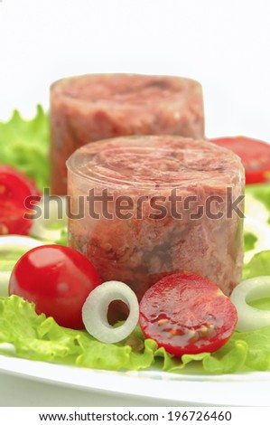 Canned meat with salad on white background