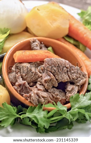 Boiled beef  with vegetables and potatoes