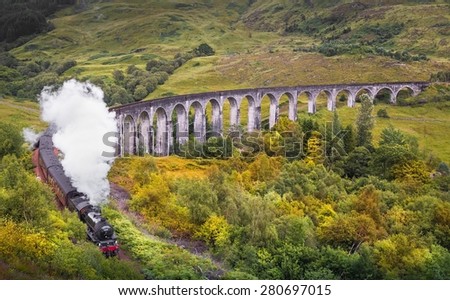 Scotland, jacobite steam train and green landscape