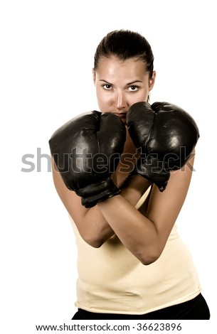 Cute Girl In Black Boxing Gloves Isolated - Sepia Toned Image Stock ...