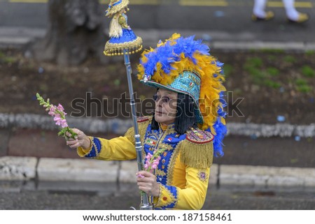 Nice - February 23: Male Entertainer in carnival Costume at the Nice Flower Carnival on February 23, 2013 in Nice, France
