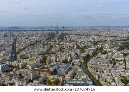 Aerial view of Paris taken from Montparnasse Tower, you can see several landmarks including Eiffel Tower.