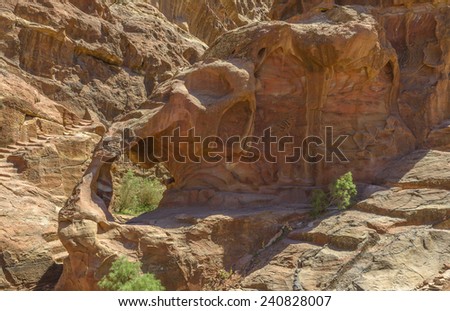 Rock formations in ancient Nabataeans town Petra in Jordan, Middle East.