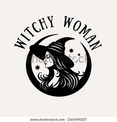 Young charming witch woman face with a moon in a hat Halloween silhouette portrait, vector party card print illustration