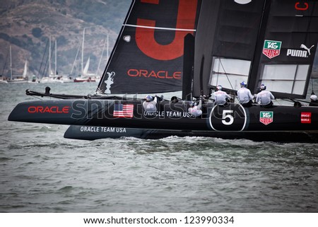 SAN FRANCISCO - AUGUST 25: Team Oracle USA racing in Louis Vuitton Cup part of the America\'s Cup world series on August 25, 2012 in San Francisco Bay, where cup finals will be held summer 2013.