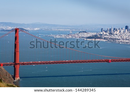 Mountain top view of the Golden Gate Bridge looking back toward city of San Francisco on a clear sunny day