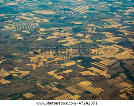 Aerial view of farm fields in Queensland, Australia Showing geometric patterns of individual crop areas