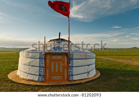 Traditional ger tent home of Mongolian nomads on the grass plains of the steppe