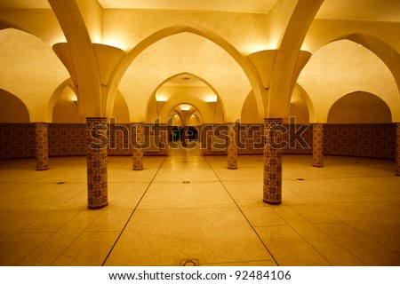 Interior arches and mosaic tile work of hammam turkish bath in Hassan II Mosque in Casablanca, Morocco.