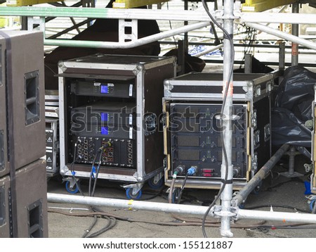 Old powerful industrial concerto audio stage amplifiers, speakers and equipment