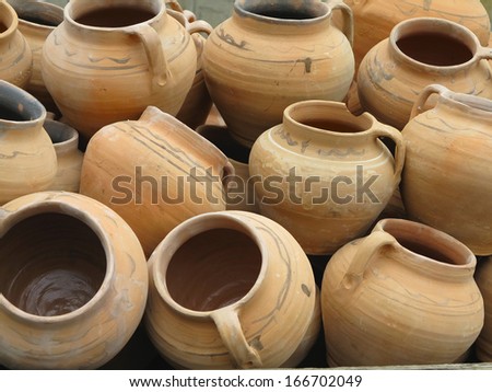 Red clay pottery ceramic vases abstract background