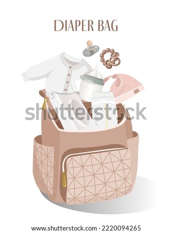 Mom accessories set, Nursery, Diaper bag, Daily woman backpack, Mommy nappy backpack. Baby changing mat, clothes, bottle, rattle, paciefer, wet wipes. Pastel  flat vector illustration.