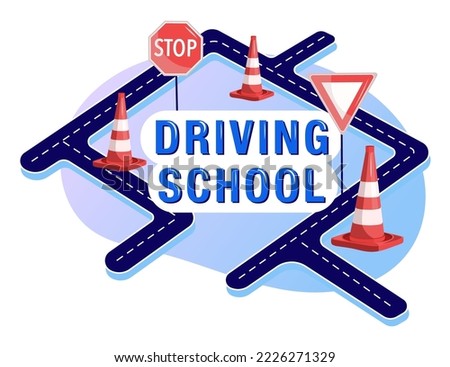 Driving school concept. Traffic laws studying, Road signs, Vlc cone. Logo sign design. Flat vector illustration for advertising.