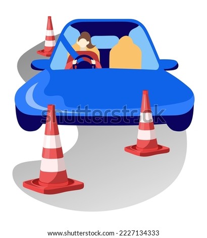 Driving school exams, practice test. Woman driving a car with safety belt. Road, VLC cone. Flat vector illustration.