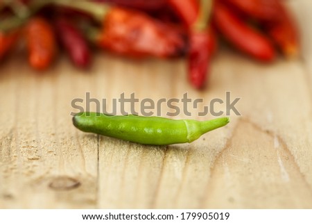Green pepper on the table, with red peppers in the background. Small chilly peppers in the kitchen.