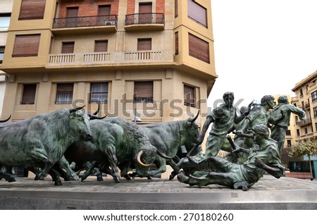 PAMPLONA, NAVARRE - MARCH 3, 2015: Monument of Encierro (Running of the Bulls) - Located in the historic part of Pamplona, the monument is dedicated to the traditional festival of San Fermin.
