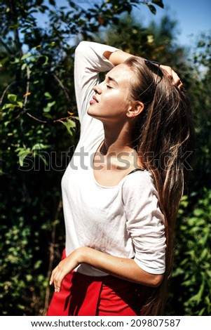 Fashion photo of young teenage girl in summer. Outdoor photo, summer.
