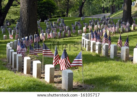 Memorials in Cemetery with American Flags