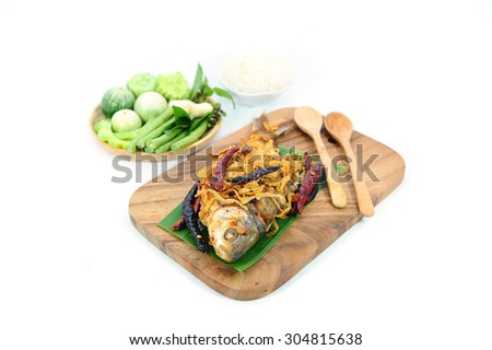 fried pickled fish (esarn food) on white background, Isolate