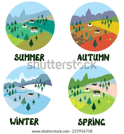 Farm rural landscape in four seasons - round shape cards