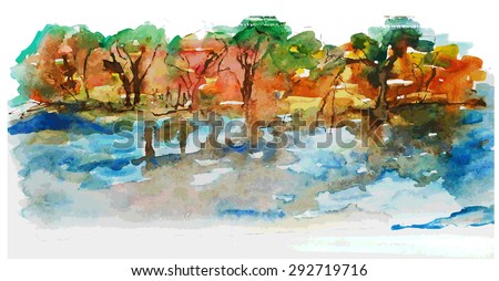 Watercolor nature landscape with lake and trees illustration