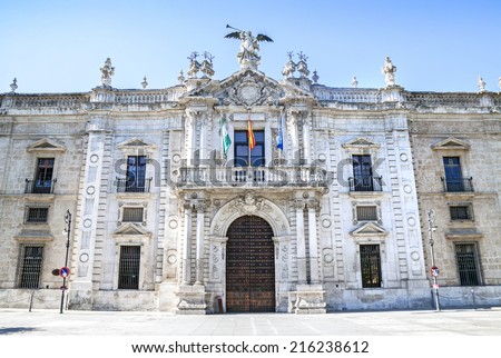 Main facade of old Royal Tobacco Factory in Seville. Now this building is property of the University. Seville, Andalusia (Spain).