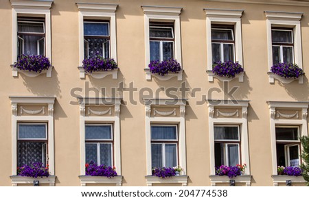 Window decorated with flowers old patrician house, Jihlava, Czech Republic