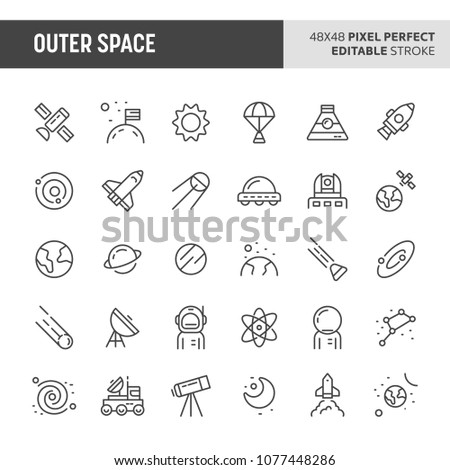 30 thin line icons associated with outer space. Symbols such as planets, galaxy, solar system & space transportation are included in this set. 48x48 pixel perfect vector icon with editable stroke.