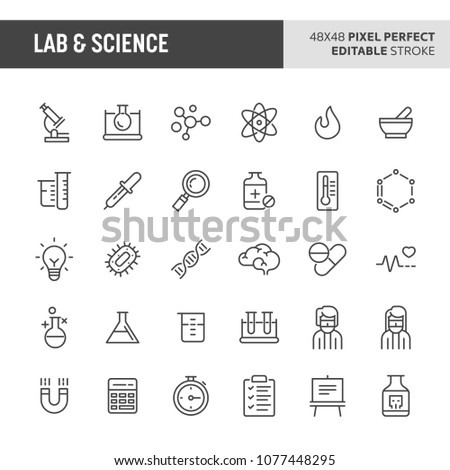 30 thin line icons associated with lab and science. Symbols such as laboratory equipment, research and experiments are included in this set. 48x48 pixel perfect vector icon with editable stroke.