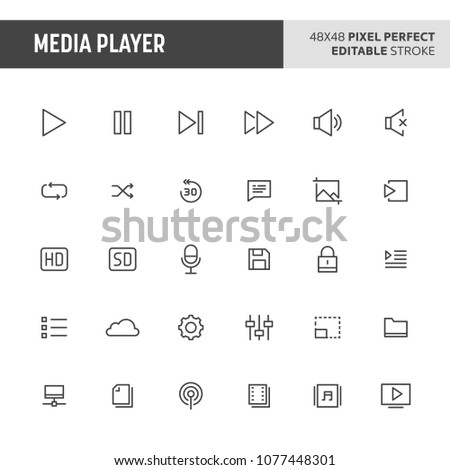 30 thin line icons associated with media player with various button used in video and audio player are included in this set. 48x48 pixel perfect vector icon with editable stroke.