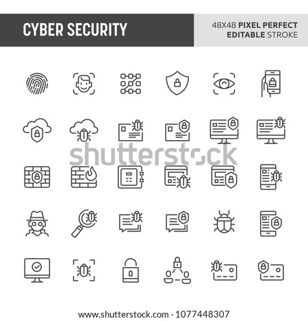 30 thin line icons associated with cyber security with fingerprint recognition, face ID, mobile, cloud & computer security are included in this set. 48x48 pixel perfect vector icon, editable vector.