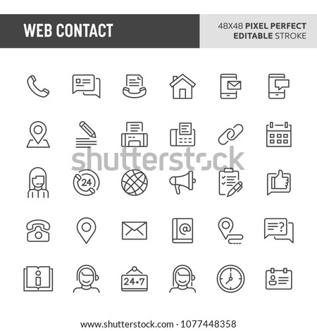 30 thin line icons associated with website & internet contact. Symbols such as contact method, contact status & location are included in this set. 48x48 pixel perfect vector icon, editable stroke.