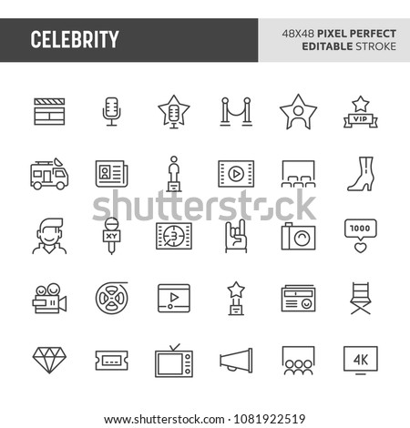 30 thin line icons associated with celebrity. Symbols such as awards, superstars and movie equipments  are included in this set. 48x48 pixel perfect vector icon & editable vector.