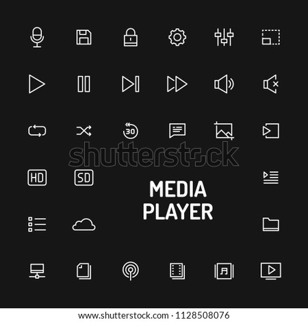 Simple white line button isolated over black background for media player app. Vector signs and symbols collections for website and design app template.