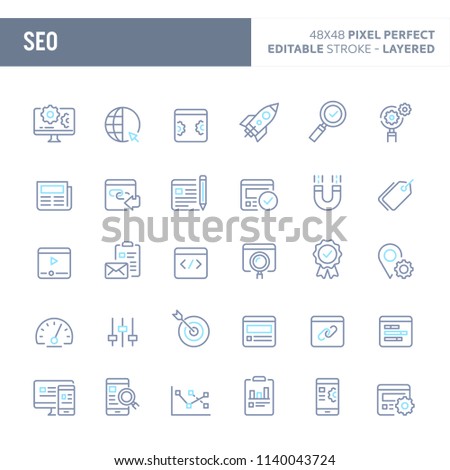 Search Engine Optimisation (SEO) - simple outline icon set. Editable strokes and Layered (each icon is on its own layer with proper name) to enhance your design workflow.