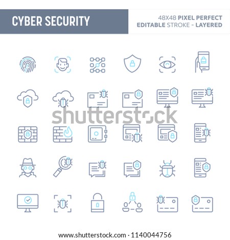 Cyber and digital security - simple outline icon set. Editable strokes and Layered (each icon is on its own layer with proper name) to enhance your design workflow.